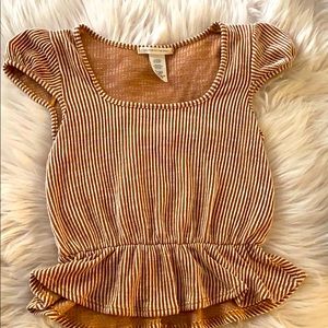 Stripped Tan & White Ribbed Peplum Top Size Small